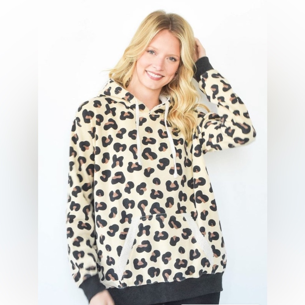 New Like Love Leopard Print Sweatshirt w/Faux Shearling Lined Hoodie Size Small